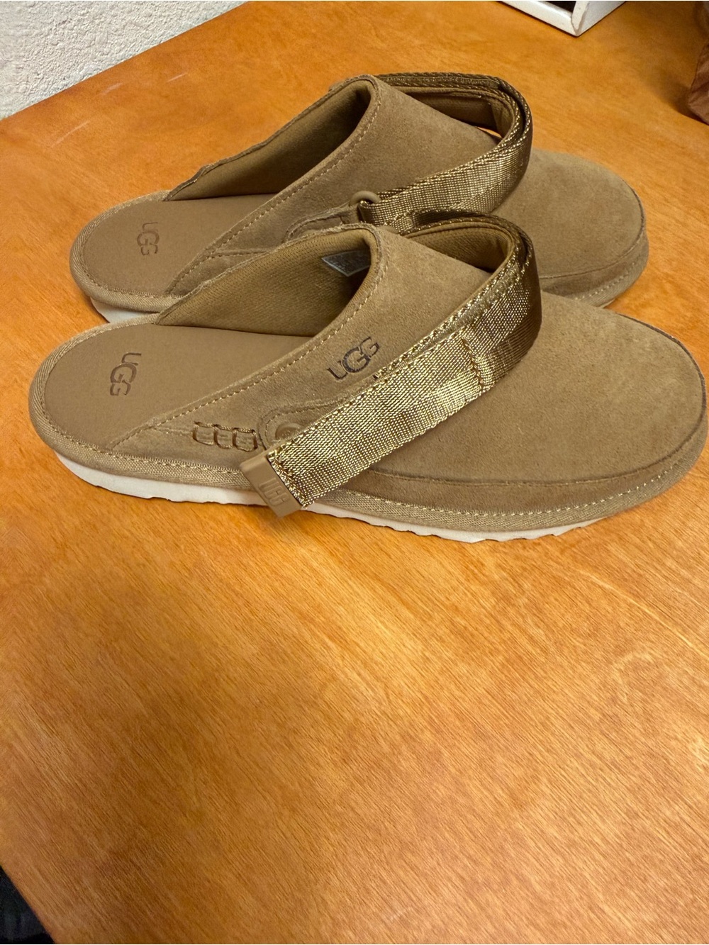 UGG Women’s Chestnut/Tan Suede slip ons with Metallic Strap